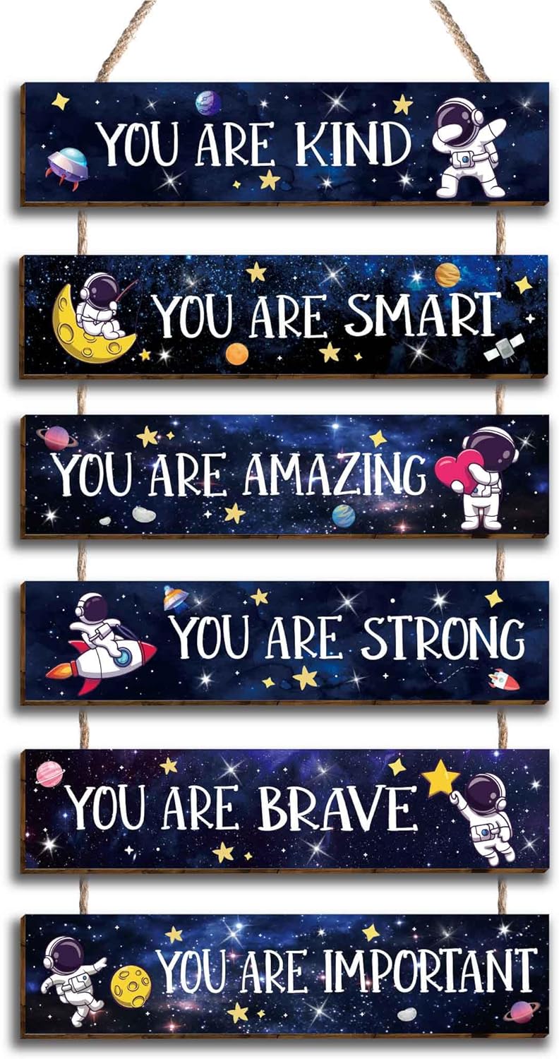 HIWERAN 6 Pcs Space Astronaut Inspirational Quotes Kids Room Decor, Outer Space Posters Motivational Hanging Plaque Sign for Boys Kids Playroom Classroom Teens Children Bedroom Princess Toddler - Image 1